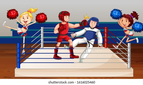 Background scene with athletes fighting on the ring illustration