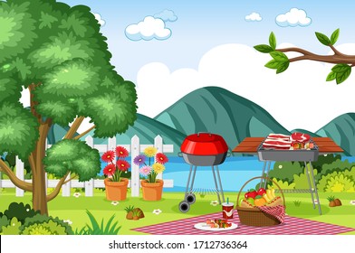 Background scene with BBQ in the park illustration