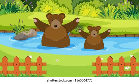 Background scene with bears in the river illustration