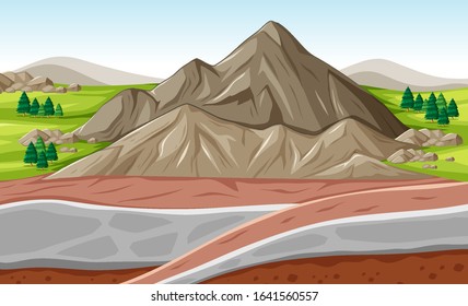 Background scene with big mountain and underground layers illustration