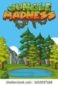 Background scene with big pond and many trees in the jungle illustration