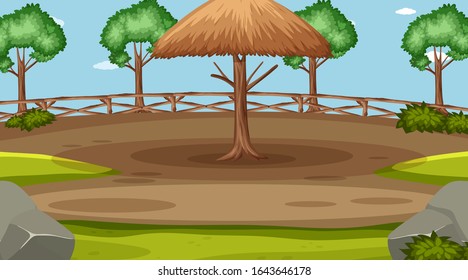 Background scene with big wooden umbrella and many trees illustration