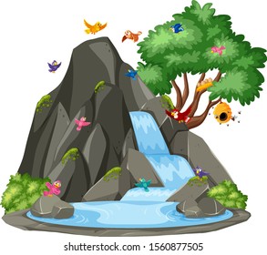 Background scene of birds by the waterfall illustration