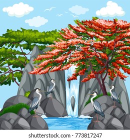 Escena de fondo con aves cerca de la ilustración de la cascada