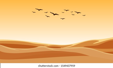 Background scene with birds flying over sand field illustration