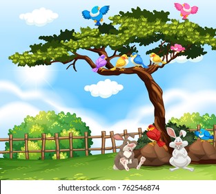 Background scene with birds on the tree and bunnies on the grass illustration