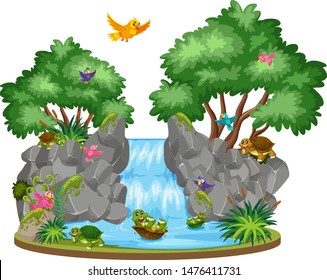 Background scene of birds and tortoises at the waterfall illustration