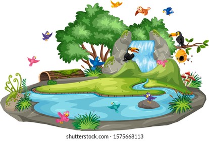 Background scene of birds at the waterfall illustration