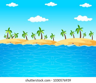 Background scene with blue ocean and coconut trees illustration