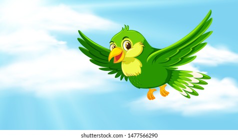 Background scene with blue sky and green parrot illustration