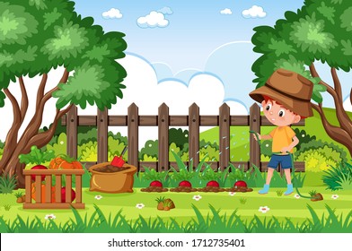 Background scene with boy watering in the park illustration