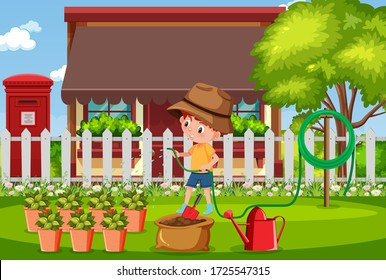 Background scene with boy watering in the park illustration