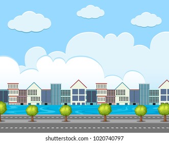 Escenario de fondo con edificios a lo largo de la ilustración de la carretera