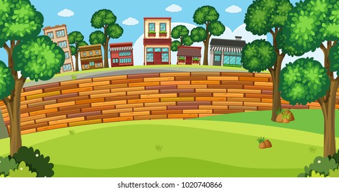 Background scene with buildings and brickwall illustration