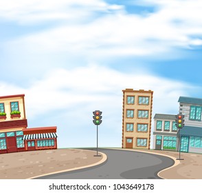 Background scene with buildings and empty road of city illustration