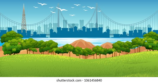 Background scene with buildings in background and park in foreground illustration