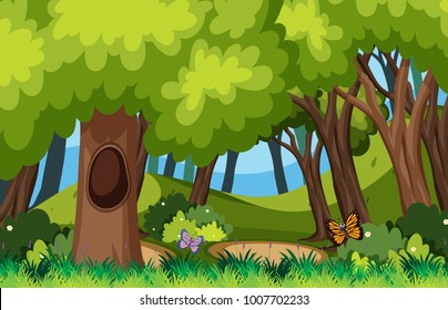 Background scene with butterflies in forest illustration