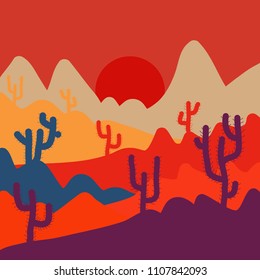 Background scene with cactus in desert illustration. Pictures on orange, purple and red colors. Vector.
