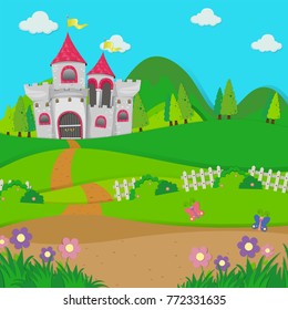 Background scene with castle towers in the field illustration