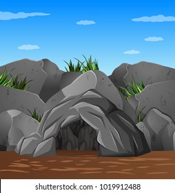 Background scene with cave and blue sky illustration