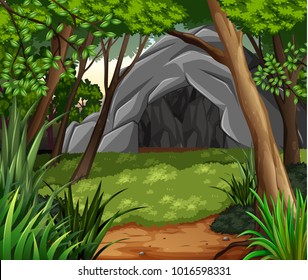 Background scene with cave in forest illustration