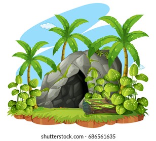 Background scene with cave in forest illustration