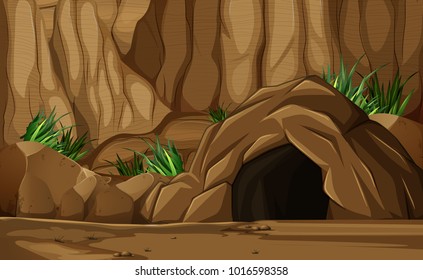 Background scene and cave in mountain illustration