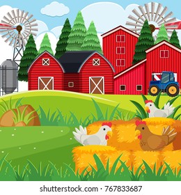 Background scene with chickens in the farm illustration