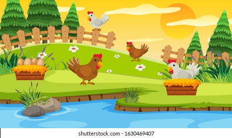 Background scene with chickens on the farm illustration