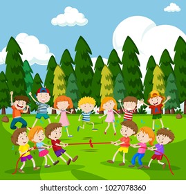 Background scene with children playing tug of war illustration