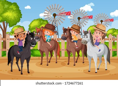 Background scene with children riding horses in the park illustration