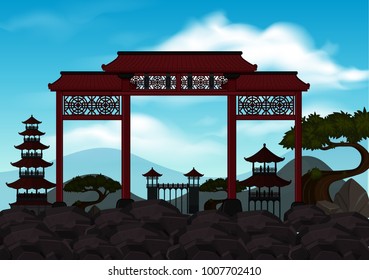 Background scene with chinese door on the rocks illustration