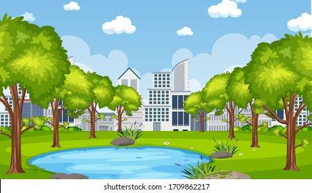 Escena de fondo con el edificio de la ciudad y estanque en la ilustración del parque