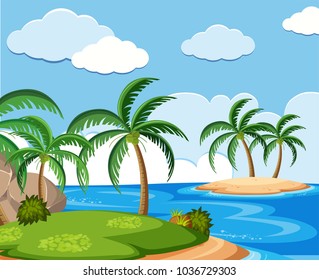 Background scene with coconut trees on island illustration