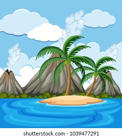 Escena de fondo con cocoteros en la ilustración de la isla