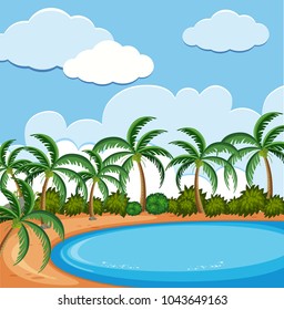 Background scene with coconut trees on the beach illustration