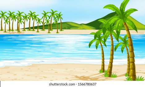 Cenário com coqueiros na ilustração da praia