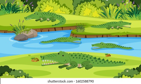 Background scene with crocodiles in the river illustration