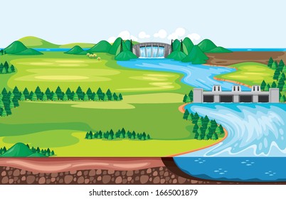Background scene dam and river in the field illustration