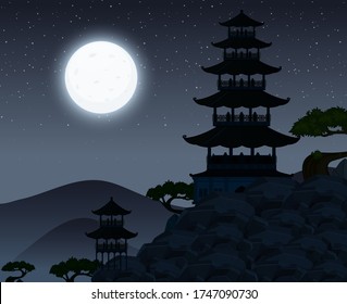 Background scene with dark sky over the temples illustration