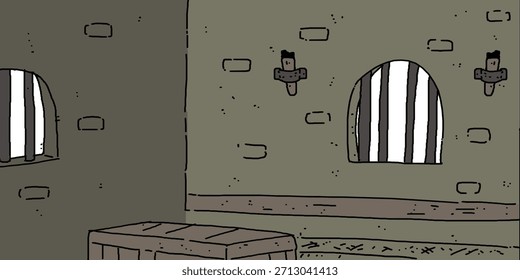 La escena de fondo muestra una celda de la prisión, una cárcel, un sótano viejo, en ruinas y sucio.