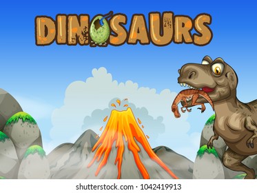 Background scene with dinosaur eating meat illustration