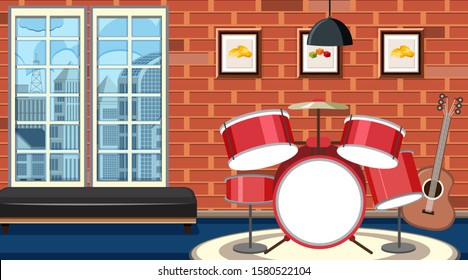Background scene with drumset in the room illustration