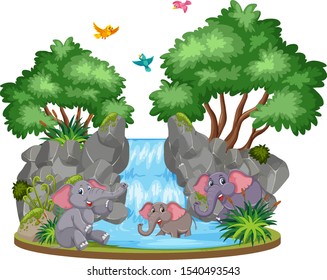 Background scene of elephants at the waterfall illustration