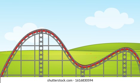 Background scene with empty roller coaster track in the park illustration