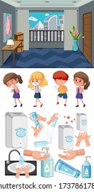 Background scene of empty room and set of sick children illustration