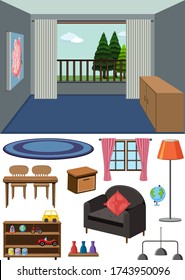 Background scene of empty room and set of furniture illustration