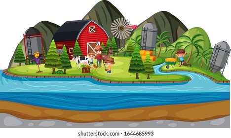 Background scene of farmers and animals on the farm illustration