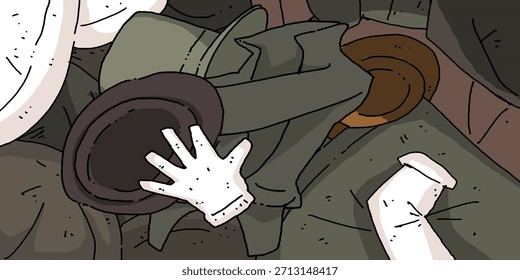 The background scene features a haphazard pile of old clothes, hats, long-sleeved shirts, and gloves.