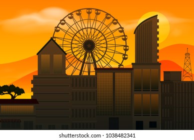 Hintergrundszene mit Riesenrad und Gebäuden bei Sonnenuntergang